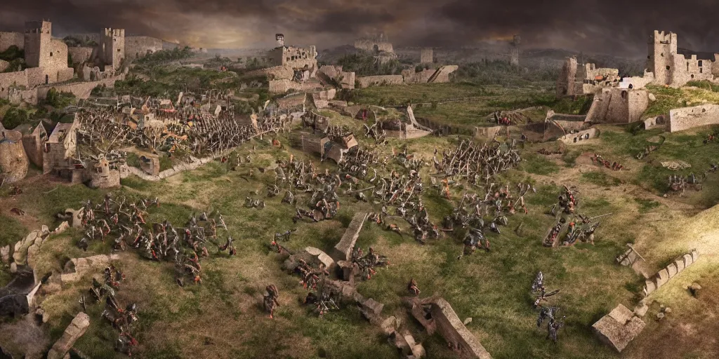 Prompt: Medieval battle in Castell de Quermançó, telltale style, realistic 4k octane beautifully detailed render, 4k post-processing, highly detailed, intricate complexity, epic composition, magical atmosphere, cinematic lighting, masterpiece, ultra hd