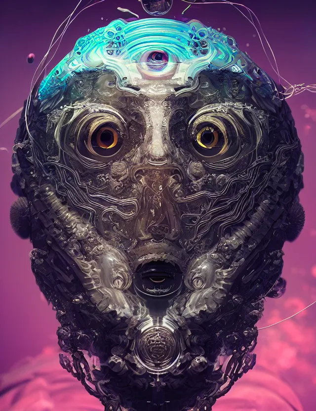 Image similar to eye of god macro close - up portrait with mask made of ram skull. betta fish, jellyfish phoenix, plasma, water, wind, creature, super intricate ornaments artwork by tooth wu and wlop and beeple and greg rutkowski