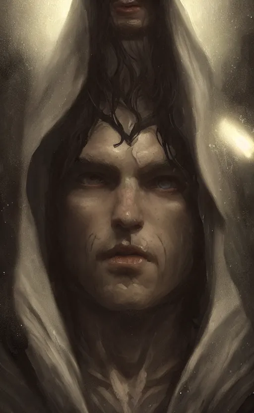 Image similar to Portrait of an elf in a black cloak, black hair, glowing eyes, male, detailed face, fantasy, highly detailed, cinematic lighting, digital art painting by greg rutkowski