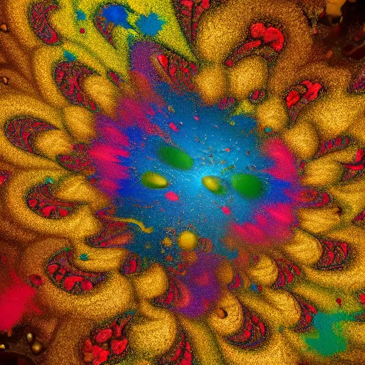 Image similar to color powder explosion on top of baroque renaissance painting, particles, fine detail, damien hirst and jackson pollock and james jean, golden ratio, fractal, sharp focus, artstation