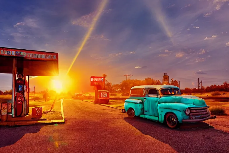 Image similar to a sunset light landscape with historical route 6 6, lots of sparkling details and sun ray ’ s, blinding backlight, smoke, volumetric lighting, colorful, octane, 3 5 mm, abandoned gas station, old rusty pickup - truck, beautiful epic colored reflections, very colorful heavenly, softlight