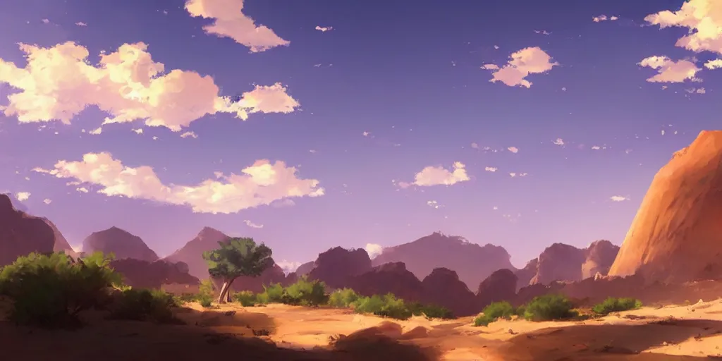 Image similar to a stunning desert landscape by makoto shinkai