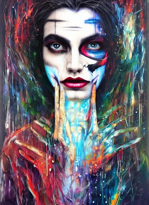 Image similar to enlightened magic cult psychic woman, painted face, third eye, energetic consciousness psychedelic, epic surrealism expressionism symbolism, story telling, iconic, dark robed, oil painting, symmetrical face, dark myth mythos, by sandra chevrier, joan mitchell monochromatic masterpiece