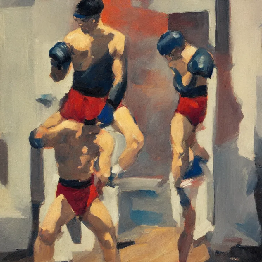 Image similar to a portrait of of boxing man, in the style of edward hopper, in the style of max ginsburg, realism, very small brushstrokes, 4 k,