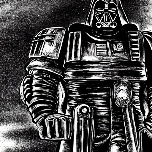 Image similar to space marine from warhammer 40000 in the style of Darth Vader from star wars, realism, against the background of the battlefield, depth of field, focus on darth vader,