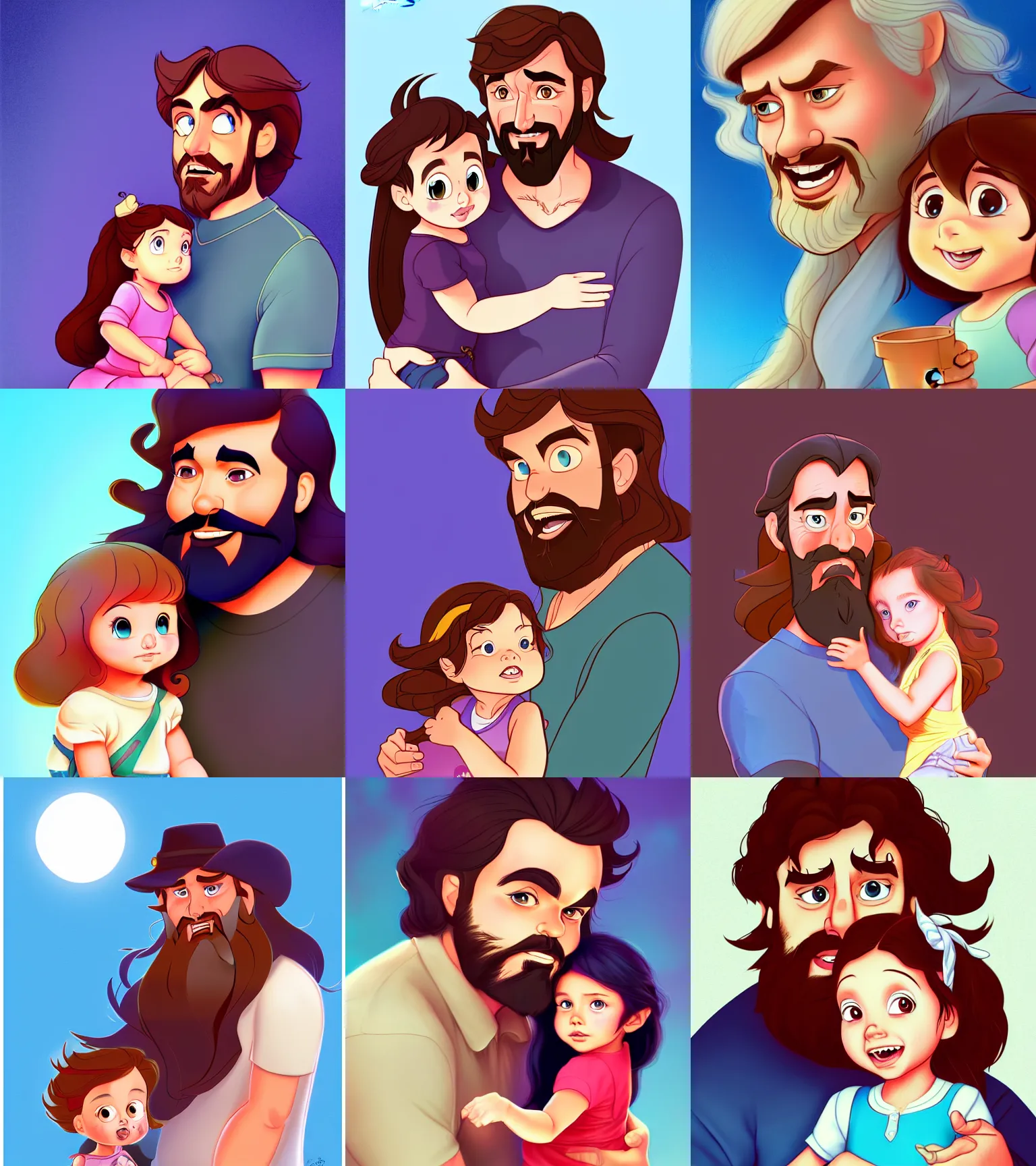 Image similar to a long - haired bearded father and his child toddler girl full color digital illustration in the style of don bluth, artgerm, artstation trending, 4 k