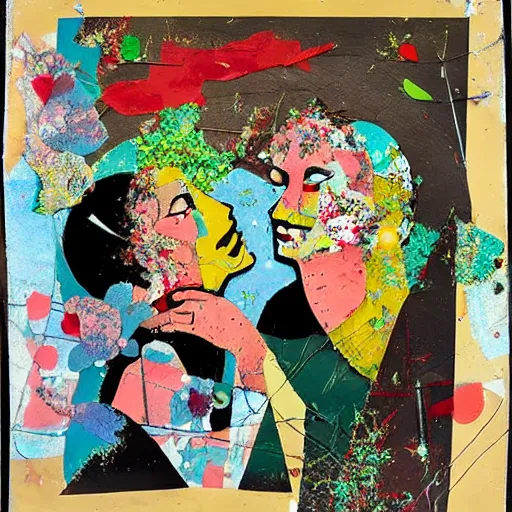 Image similar to two women kissing at a carnival in spring, mixed media collage, retro, paper collage, magazine collage, acrylic paint splatters, bauhaus, claymation, layered paper art, sapphic visual poetry expressing the utmost of desires by jackson pollock