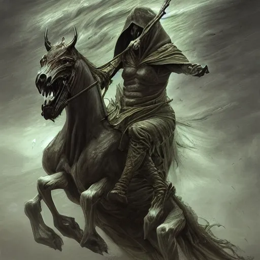 Image similar to concept art by artgerm, pestilence of the four horsemen of the apocalypse, soft green natural light, intricate, hooded death riding a horse, highly detailed dark art, digital painting, artstation, concept art, smooth, sharp focus, illustration, art by greg rutkowski and luis rollo and uang guangjian and gil elvgren, symmetry!