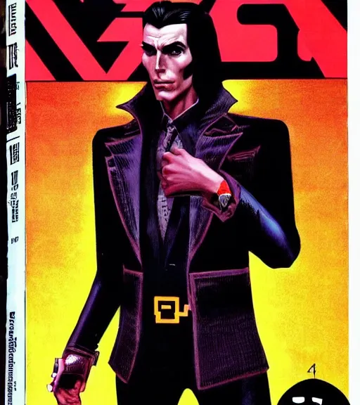 Image similar to a cyberpunk very ugly mafia boss in a suit with slicked back black hair played by christen bale as an elf, 1 9 7 9 omni magazine cover, style by vincent di fate, artgerm, very coherent, detailed, 4 k resolution, dark, unreal engine, daz