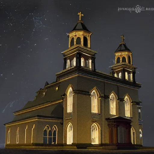 Image similar to victorian church in the middle of the city, dark, misty, at night, 8 k, detailed, concept art, trending on artstation