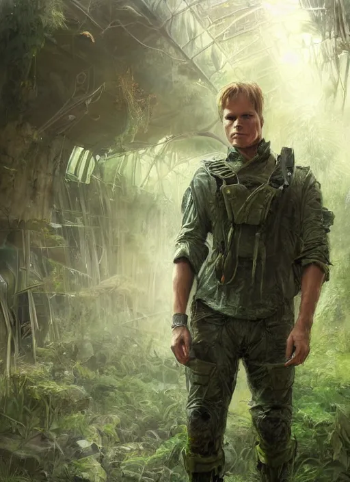 Image similar to portrait of a young richard dean anderson wearing a green combat uniform, in a post appocalyptic city overgrown by plants, by stanley artgerm lau, by wlop, by luis royo, by greg rutkowski, cover illustration, concept art, volumetric lighting, volumetric atmosphere, sharp focus, octane render, trending on artstation, 8 k