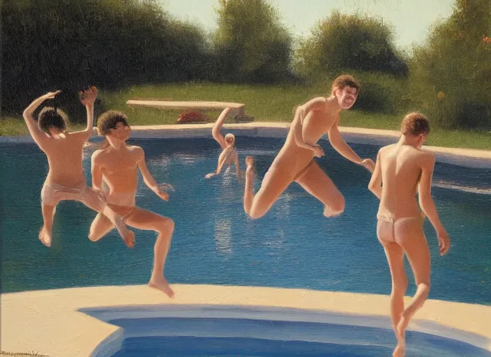 Image similar to a group of teens in the moment of jumping into a pool, oil painting by ralph maquarrie and james gurney, soft edges, subtle colours