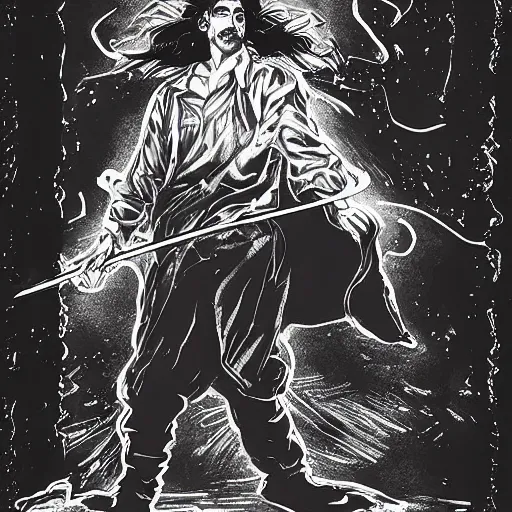 Image similar to pen and ink!!!! attractive 22 year old deus ex Frank Zappa x Ryan Gosling golden!!!! Vagabond!!!! floating magic swordsman!!!! glides through a beautiful!!!!!!! battlefield magic the gathering dramatic esoteric!!!!!! pen and ink!!!!! illustrated in high detail!!!!!!!! by Hiroya Oku!!!!!!!!! Written by Wes Anderson graphic novel published on Cartoon Network MTG!!! 2049 award winning!!!! full body portrait!!!!! action exposition manga panel