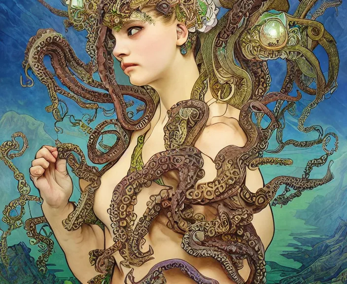 Image similar to portrait of an octopus goddess, full body shot, rule of thirds, wide angle, amazing landscape in background, fantasy, whimsical, horror, art by chengwei pan and alphonse mucha and josephine wall and amanda sage, intricately detailed, highly detailed, luxurious, elegant, clean, unsettling, trending on artstation
