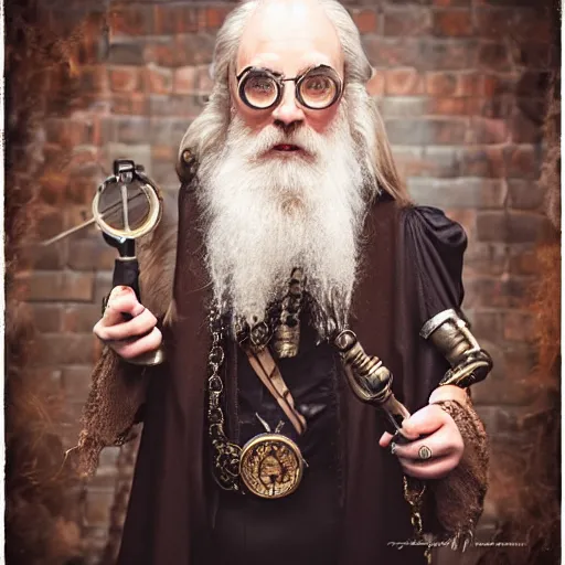 Image similar to steampunk dumbledore, professional portrait photography