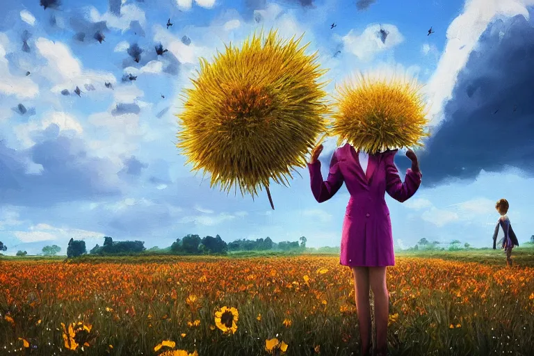 Prompt: giant thistle flower underhead, a girl in suit in field of flowers, surreal photography, sunrise, blue sky, dramatic light, impressionist painting, digital painting, artstation, simon stalenhag