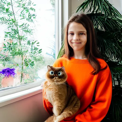 Image similar to portrait photo of a slim girl with 1 0 year old, light brown hair, brown eyebrows, brown eyes, pretty eyelashes, holding an orange persian cat sitting in a queen size bed, daylight from big window with an araucaria tree outside, green and light purple flowers wallpaper