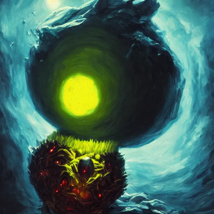 Prompt: cinematic portrait of a tennis ball monster in the abyss of space, oil on canvas, masterpiece, trending on artstation, featured on pixiv, cinematic composition, dramatic pose, beautiful lighting, sharp details, hyper-detailed, HD, HDR, 4K, 8K, art by Basil Gogos