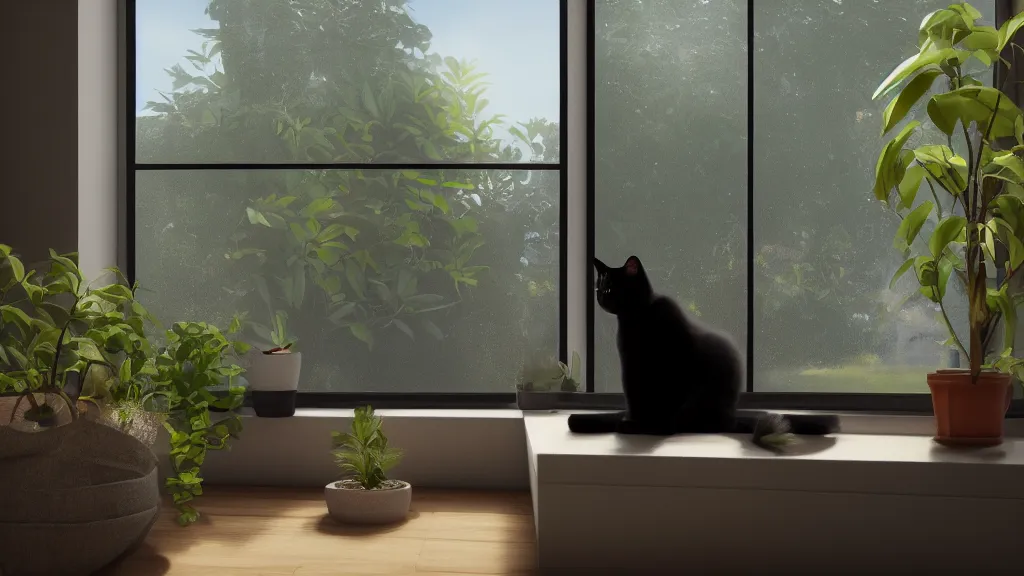 Image similar to peaceful dreamy painting of a content black cat sitting by a window and looking outside, sunshine coming through the window, small plants on the window sill, 8k, hyper realism, trending on artstation, octane render, unreal 5
