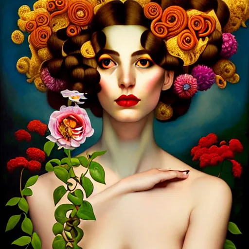 Image similar to dynamic composition, a painting of woman with hair of ( summer flowers )!! and vines wearing ornate earrings, ornate gilded details, a surrealist painting by tom bagshaw and jacek yerga and tamara de lempicka and jesse king, featured on cgsociety, pop surrealism, surrealist, dramatic lighting, wiccan, pre - raphaelite