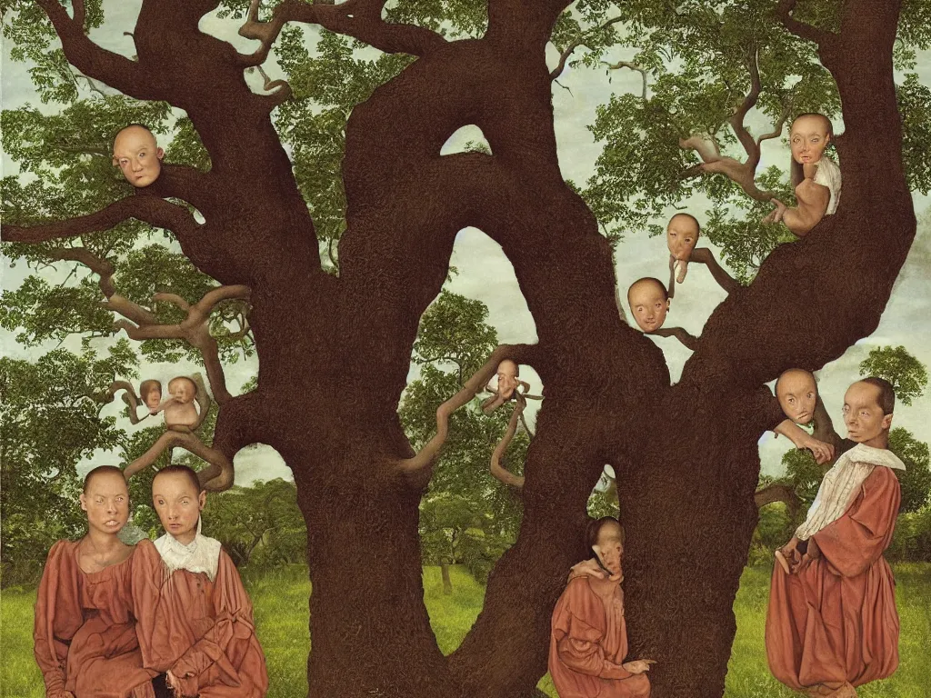 Image similar to Portrait of two Siamese twins near a crooked old oak. Painting by Lucas Cranach, Steve McCurry.