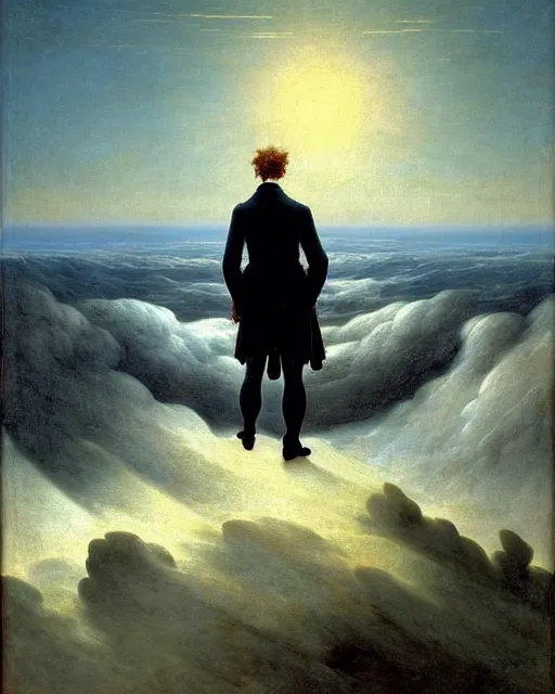Prompt: ! dream the wanderer above the sea of clouds, by caspar david friedrich, 1 8 1 8, oil on canvas, 7 4. 8 x 9 4. 8, hamburg kunstalle, german romanticism, in the style of caspar david friedrich