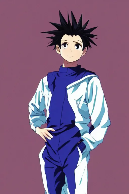 Image similar to portrait of a teen boy wearing a blue and white jumpsuit, brown spiky hair, tan skin, purple eyes, detailed, anime key visual, hisashi hirai