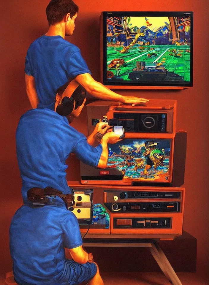 Image similar to Men playing video games on CRT television using Atari joysticks. Painting by Carvaggio. Intricate details. hyper realism. Masterpiece.