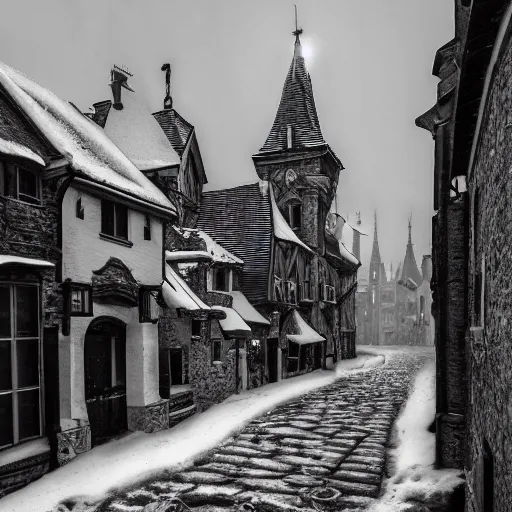 Image similar to an ultra detailed black and white matte painting of the quaint town of galic, grid shaped city cobblestone streets, fantasy city, the morning after a heavy snowfall, wind, inspiring gothic architecture, ultrawide lense, aerial photography, unreal engine, exquisite detail, 8 k, art by greg rutkowski and alphonse mucha