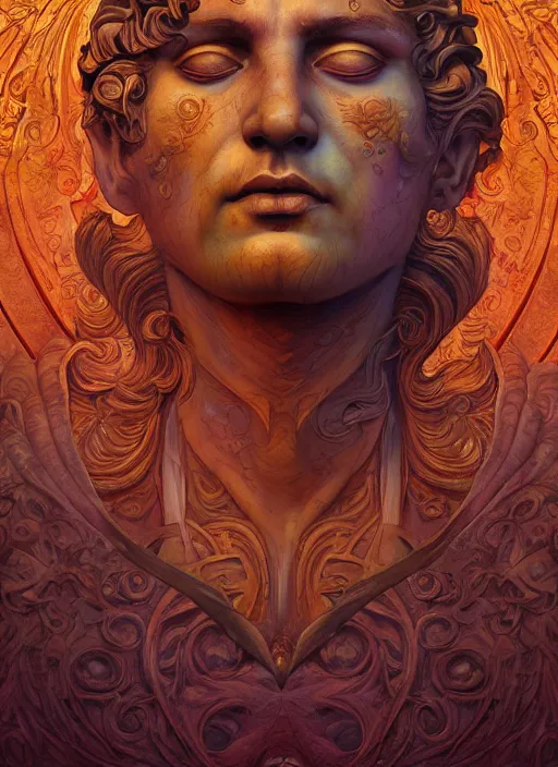 Prompt: roman emperor, wooden art nouveau swirls, subsurface scattering, in the style of james jean and tomasz alen kopera, mystical colors, rim light, beautiful lighting, 8 k, stunning scene, raytracing, octane render, trending on artstation