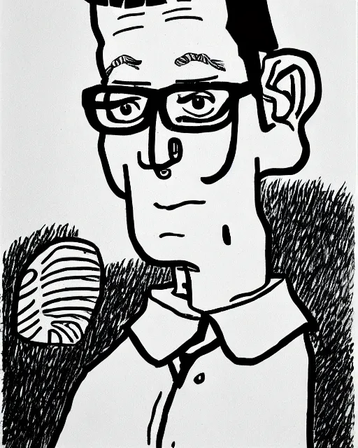 Prompt: Hank Hill drawn by Tove Jansson, cross hatching, black-and-white