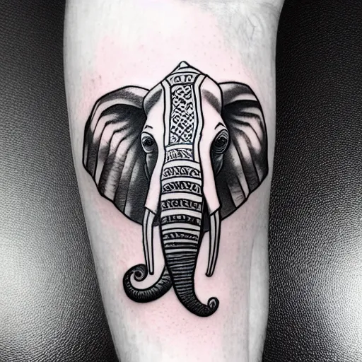 Image similar to small realistic fine line art tattoo of a stylized elephant with abstract geometric patterns, fine line tattoo, highly detailed, hd, concept