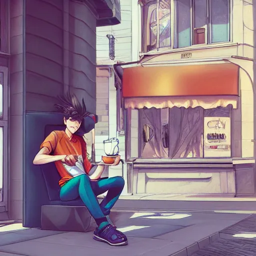 Prompt: a male teenager sitting on a cafe and looking to a window, artgerm, anime style, pixar and disney style, path traced, color painting, anatomically correct, cinematic, high coherence, highly detailed, high quality, serene scene, colorful, symmetrical, beautiful, elegant, short black hair, vintage, unreal engine 5