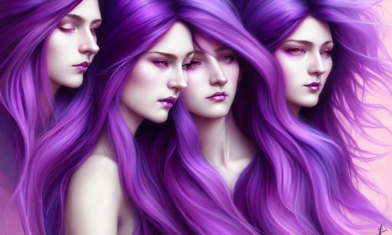 Image similar to Purple hair relistic Portrait of a two woman with bright colored flying hair, all shades of purple. Beauty face, Hair coloring, fantasy, intricate, elegant, highly detailed, digital painting, artstation, concept art, smooth, sharp focus, illustration, art by artgerm and greg rutkowski and alphonse mucha