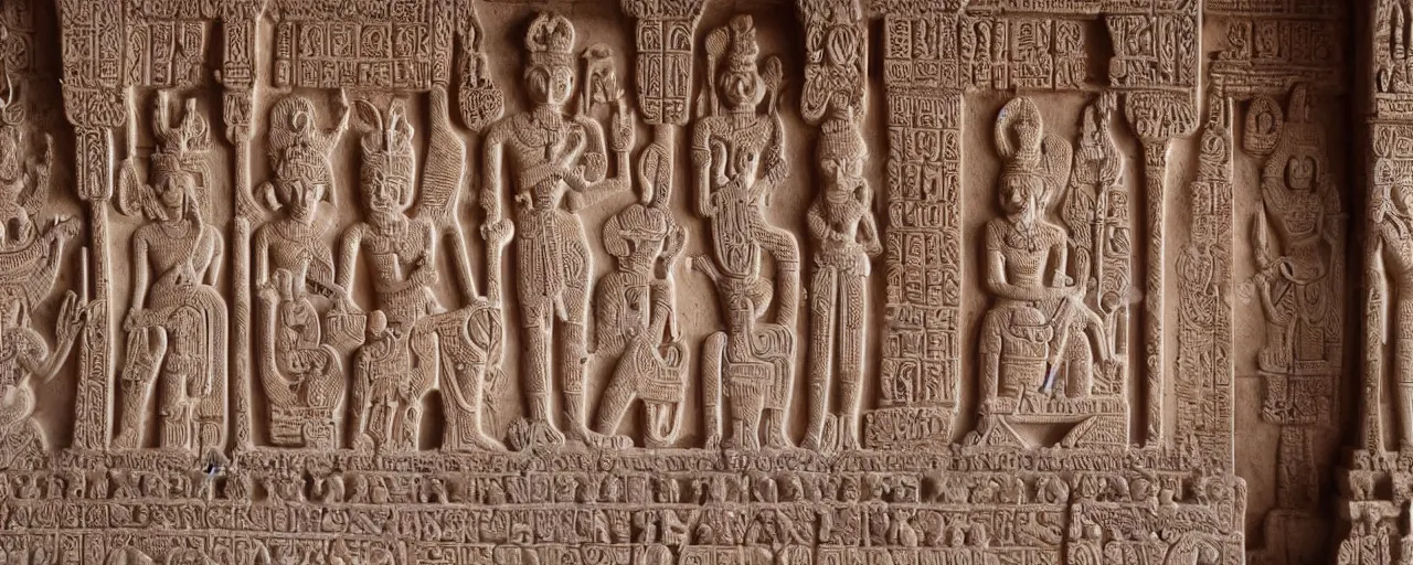 Image similar to temples intricately carved with language of the gods, depicting species long extinct and ethereal beings, sanskit, hieroglyphs, artistic carved into marble pillars at the entry way to heavan, high detail, cinema lens, cinematography, ethereal lighting - H 640