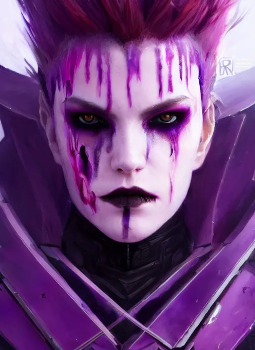 Prompt: close up painting, vampire, sci - fi armor, purple smoke hair, beautiful, stern face, gorgeous, face visible, scars, eyeliner, cinematic lighting, eva suit, wallpaper, extremely detailed, sharp focus, by greg rutkowski and [ [ [ wlop ] ] ], intricate, beautiful, award winning, trending on artstation, pixiv