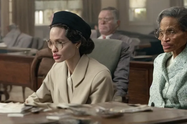 Image similar to Angelina Jolie as Rosa Parks in 'Rosa' (2007), movie still frame, promotional image, imax 70 mm footage, oscar nominated cinematography, volumetric lighting, 8k resolution