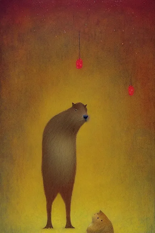 Prompt: A capybara. magic realism, flowerpunk, mysterious, sepia colors, by andy kehoe, amanda clarke