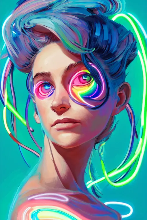 Image similar to a award winning portrait of a beautiful woman with stunning eyes in a one off shoulder croptop and cargo pants with rainbow colored hair, outlined by whirling illuminated neon lines and fine lines swirling in circles by jesper ejsing and rhads and makoto and shinkai and lois van baarle, digital art, trending on artstation