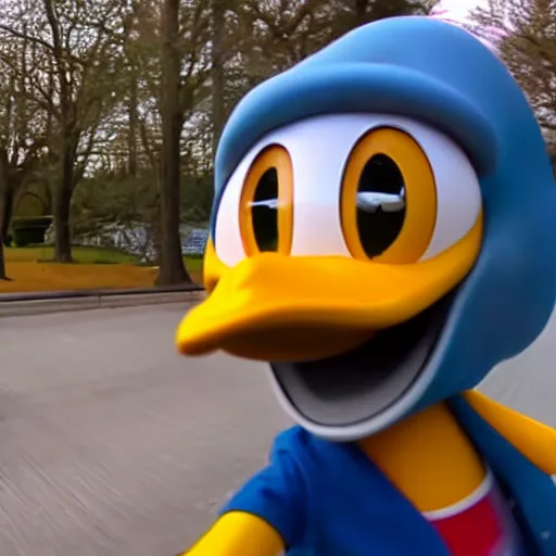 Image similar to Donald duck stealing a car, dash cam footage, wide angle lens