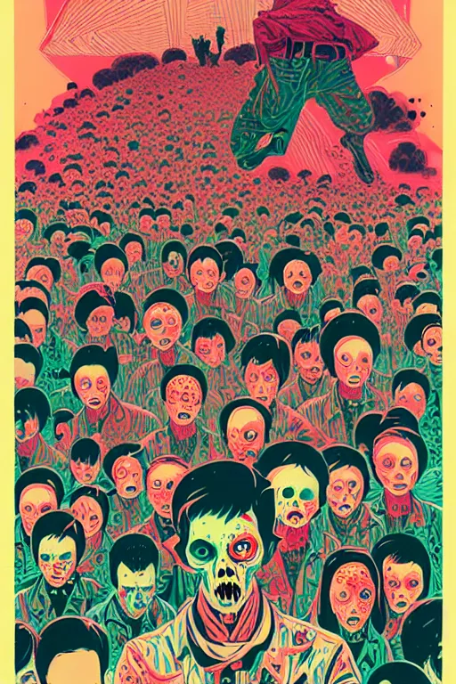 Prompt: risograph of zombies in a field, tristan eaton, victo ngai, artgerm, rhads, ross draws, intricated details