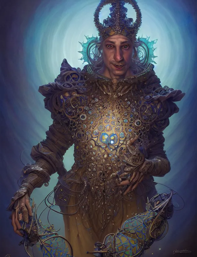 Image similar to front shot of a court jester character, hyperdimensional, bioluminescent hypercubes, ((intricate)), elegant, highly detailed, centered, (((artstation, concept art, smooth, sharp focus, artgerm, Tomasz Alen Kopera, Peter Mohrbacher, donato giancola, Joseph Christian Leyendecker, WLOP, Boris Vallejo))), mugshot!!!!!, ugly!!!!!!, octane render, nvidia raytracing demo, grainy, muted, 8K, digitalblasphemy