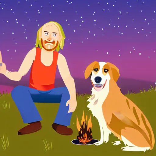 Prompt: cartoon of hillbilly with long blonde hair at a bonfire with his australian shepherd