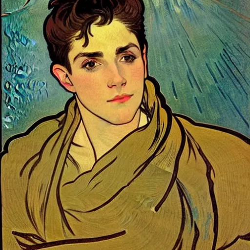 Prompt: portrait painting of young handsome beautiful human man with short messy partly shaved dark brown hair and blue eyes and strong jawline but slightly round chin and small scar under one eye, in his 2 0 s named vidar, wearing armor!, modest, masculine jawline!, squarish face shape, art by alphonse mucha, vincent van gogh, egon schiele