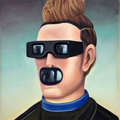 Image similar to square - jawed emotionless serious blonde woman starship engineer, tribal tattoos, handsome, short slicked - back hair, sweating, uncomfortable and anxious, looking distracted and awkward, wearing victorian dark goggles, flight suit and gloves, small spacecraft in background, highly detailed, oil painting