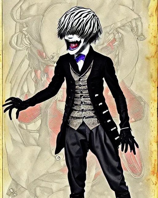 Image similar to tokyo ghoul monster ken kaneki character wearing a beautiful 1 8 th century suit with a tie, rococo style, ed emshwiller style, highly detailed, very realistic, painterly style