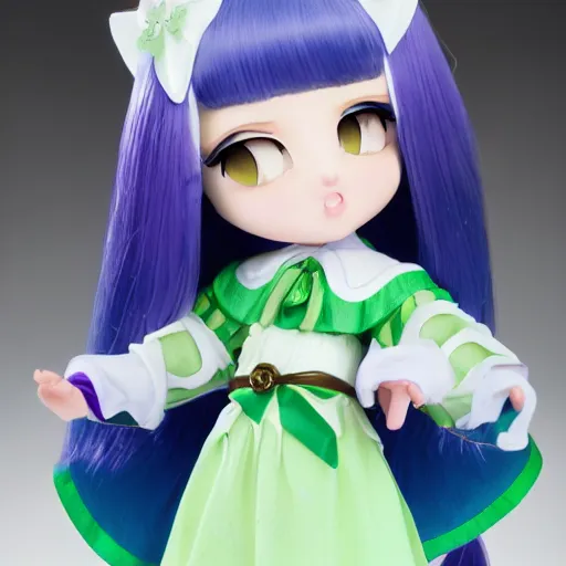 Prompt: This serene magical girl's round eyes are the color of fresh green apples and her medium-length, curly, silky, purple hair is worn in a severe style. She has a petite build. She has angel powers that are invoked by helpful spirit companions. Her uniform is white and brown, resembles a schoolgirl's fuku, and glows with a powerful radiance, epic art, fantasy art, amazing detail, artstation