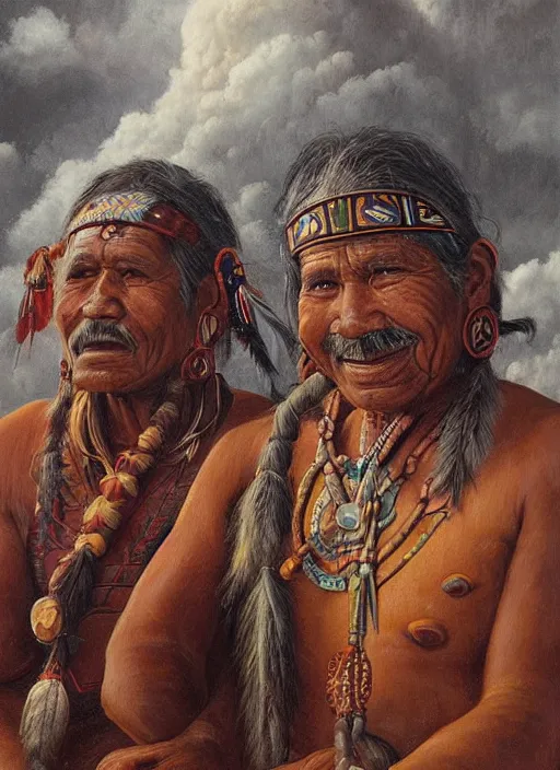 Prompt: faces of indigenous amazonian grandfathers and grandmothers spirits in the clouds, smiling, protection, benevolence, ancestors, detailed faces, symetrical, religious painting, art by christophe vacher and alez gray