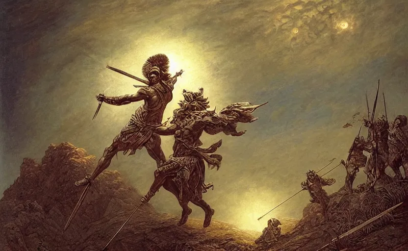 Prompt: highly detailed and cinematic romantic the great greek warrior with a spear piercing the edge of the universe from the book of the long sun by gene wolfe, highly detailed painting by gustave dore