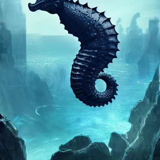 Prompt: a giant seahorse swimming above the city of atlantis by Cedric Peyravernay, highly detailed, full view of seahorse, excellent composition, cinematic concept art, rich dramatic lighting, trending on ArtStation